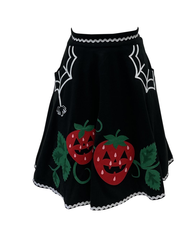 Front of a size 2X Unique Vintage Black June-O-Ween Strawberry Swing Skirt in Black by Unique Vintage. | dia_product_style_image_id:298522